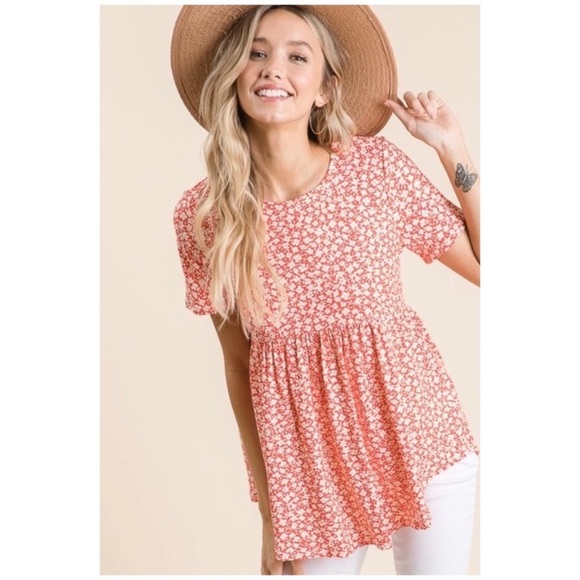 CLEARANCE Ditsy Coral Floral Short Sleeve Babydoll Top - Picture 2 of 5